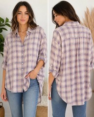 American Eagle Plaid Button Front Shirt Womens L Pink Blue High Low Roll Tab
