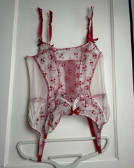 Adore Me 44D Sheer Mesh Heart Embroidered Bustier Red/White Hook & Eye