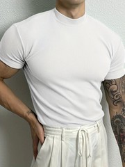 Men Ribbed Mock Neck T Shirt Slim Fit Muscle Short Sleeve Casual Fitness Tops