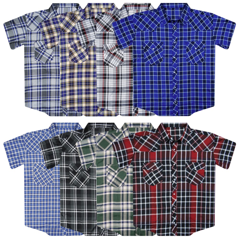 Plaid Western Shirt Mens Short Sleeve Snap Up Pockets New Colors Big 3XL 4XL 5XL