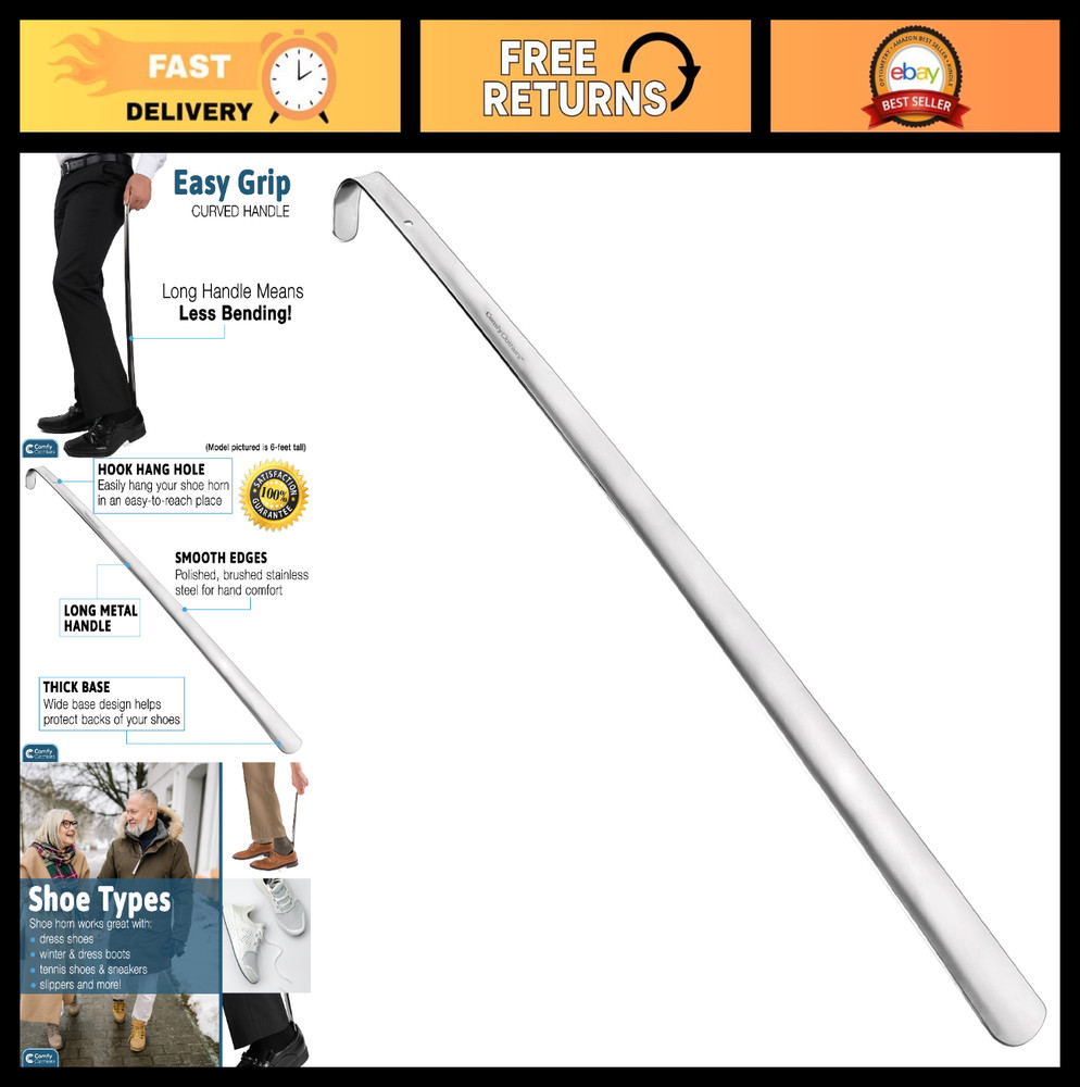 Extra Long Metal Shoe Horn 31″ Curved Handle Stainless Steel Mobility Aid for Se