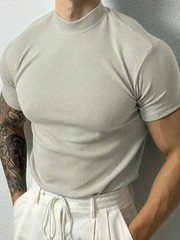 Men Ribbed Mock Neck T Shirt Slim Fit Muscle Short Sleeve Casual Fitness Tops