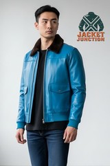 Men’s Lambskin Leather Bomber Jacket Faux Fur Collar Aviator Pilot Coat