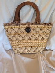 Vintage Corn Husk Handwoven Handbag Wood Handles Boho Beach Purse 14″ x 10.5″