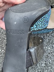 GUESS Women’s Pointed Toe Mule Heels Rhinestone Clear Strap Slip-On 6