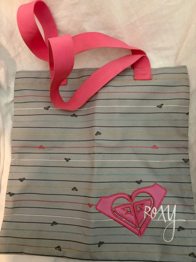 Roxy Gray Pink Striped Tote Bag Hook & Loop Closure Logo Accent Double Handles