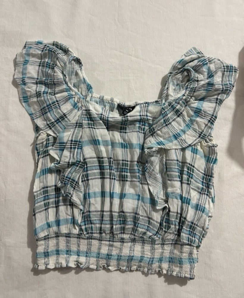 a.n.a Blue White Plaid Smocked Square Neck Puff Sleeve Cropped Blouse XS