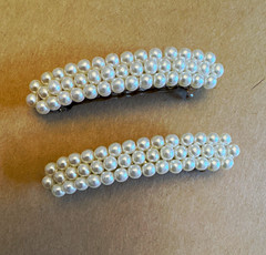 White Faux Pearl Beaded Silver Tone Rectangle Barrettes
