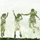 world environment day concept.Double exposure kids jumping and playing on meadow and nature background
